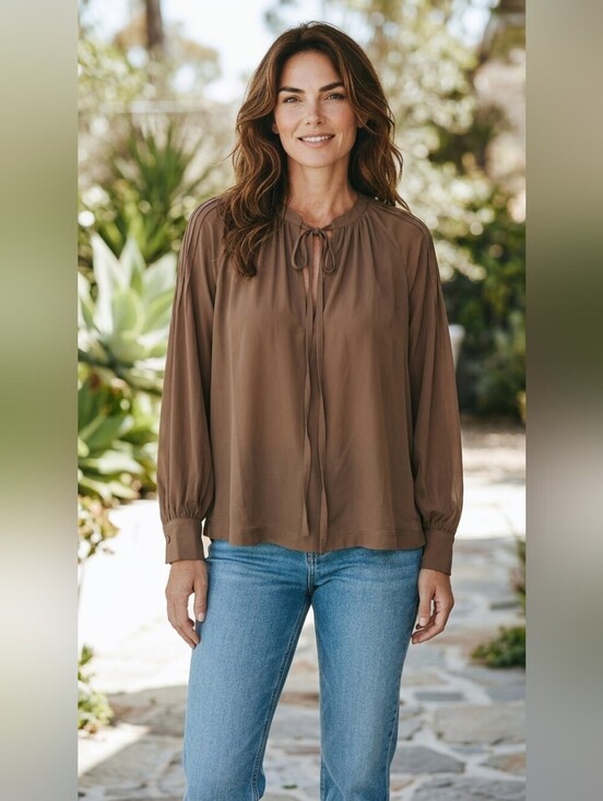 H&M Tops - H&M Brown Relaxed Buttoned Blouse with Mandarin Collar